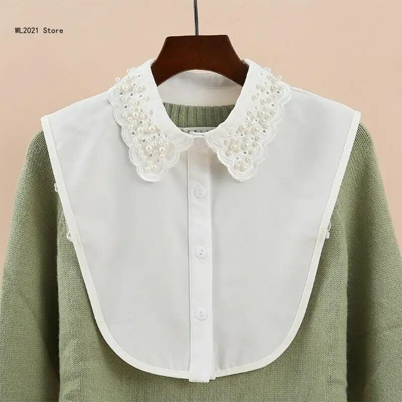 Nepkraag met imitatieparels voor dames Afneembare witte Dickey-blouse Uitgehold borduursel Geschulpt half shirt