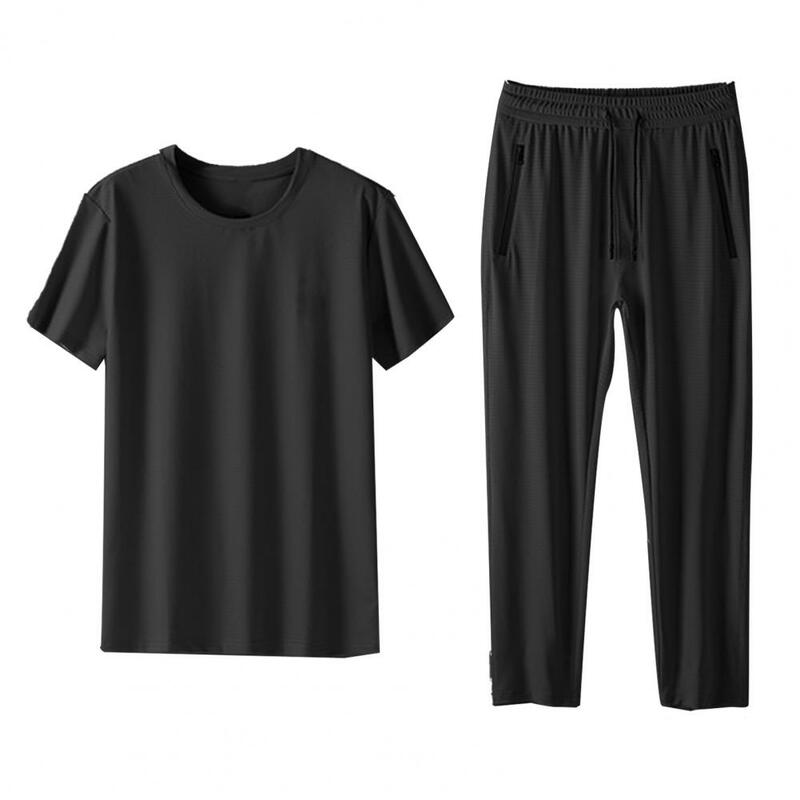 Conjunto de pantalones y Camiseta con cuello redondo para hombre, traje deportivo informal, cintura elástica con cordón, cómodo