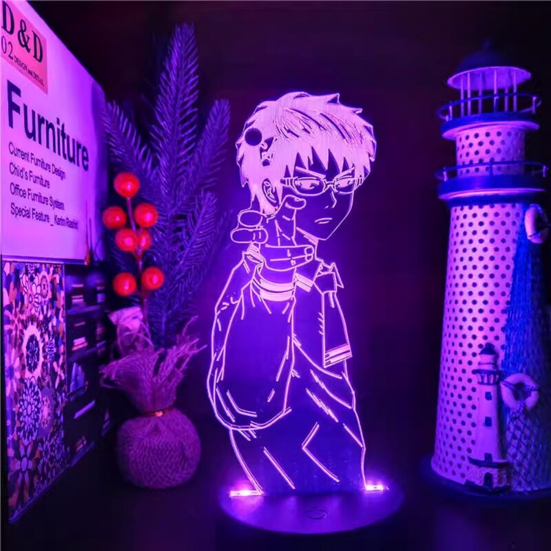사이키 쿠스오 3D 야간 조명, 뜨거운 애니메이션 야간 조명, 아크릴 테이블 램프, USB 침대 옆 램프, 방 장식, 어린이 선물, 3 색, 7/16 색