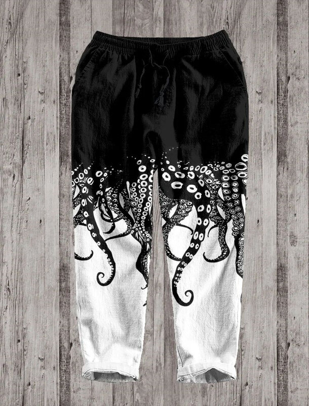 Calça masculina casual até o chão, calças finas, tudo combina, preto, pé de polvo, impresso em 3D, venda quente