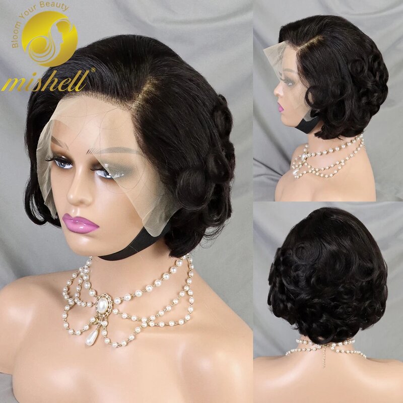 Natural Bouncy Curly Human Hair Wigs Short Pixie Cut Bob Wig 13x4 Transparent Full Lace Frontal Wig for Black Women PrePlucked
