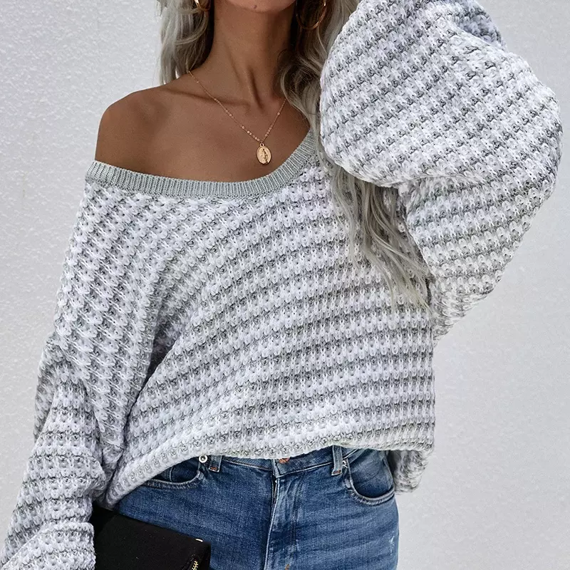 2024 Striped V-Neck Knitted Pullover Womens Puff Sleeve Sweater Elegant Stitching Long-Sleeved Sweaters Female Autumn Winter New
