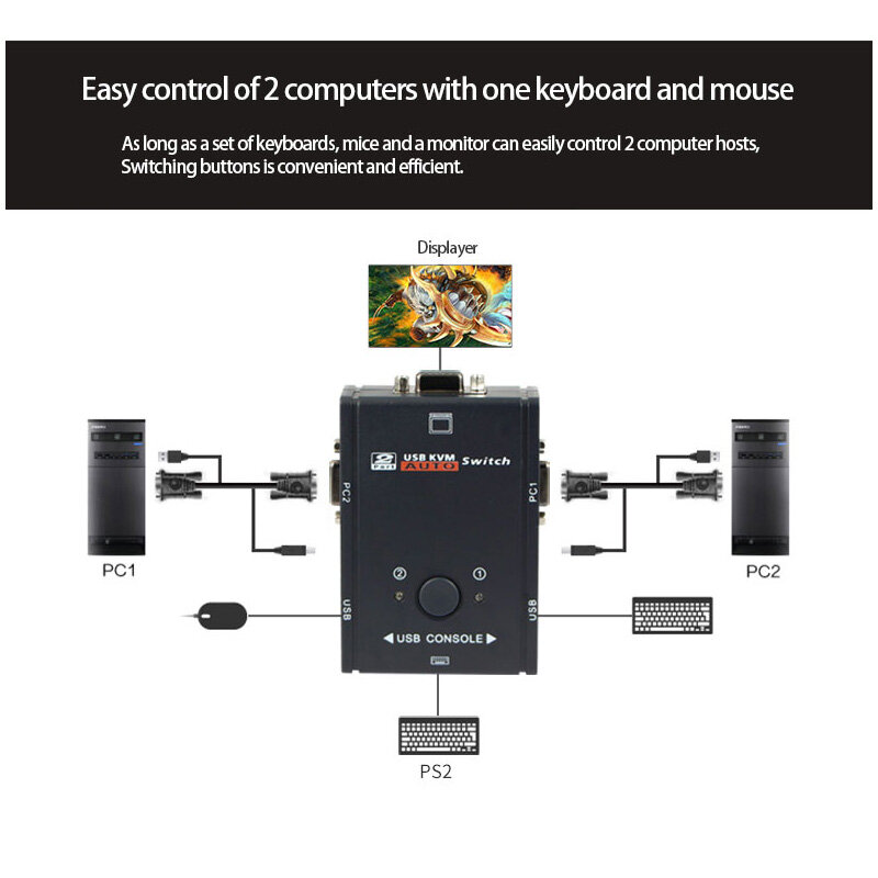 Kotak saklar USB VGA KVM 2 In 1 Out 4K untuk 2 PC berbagi Keyboard Mouse Plug Paly tampilan Video USB Swltch Splitter