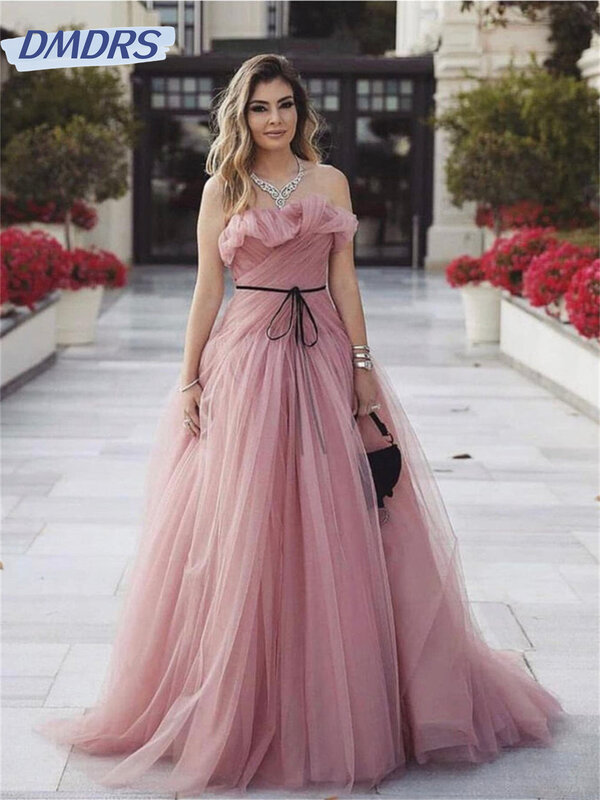 우아한 스트랩리스 이브닝 가운, 2024 클래식 로맨틱 브이넥 드레스, 심플한 얇은 명주 그물 A라인 가운