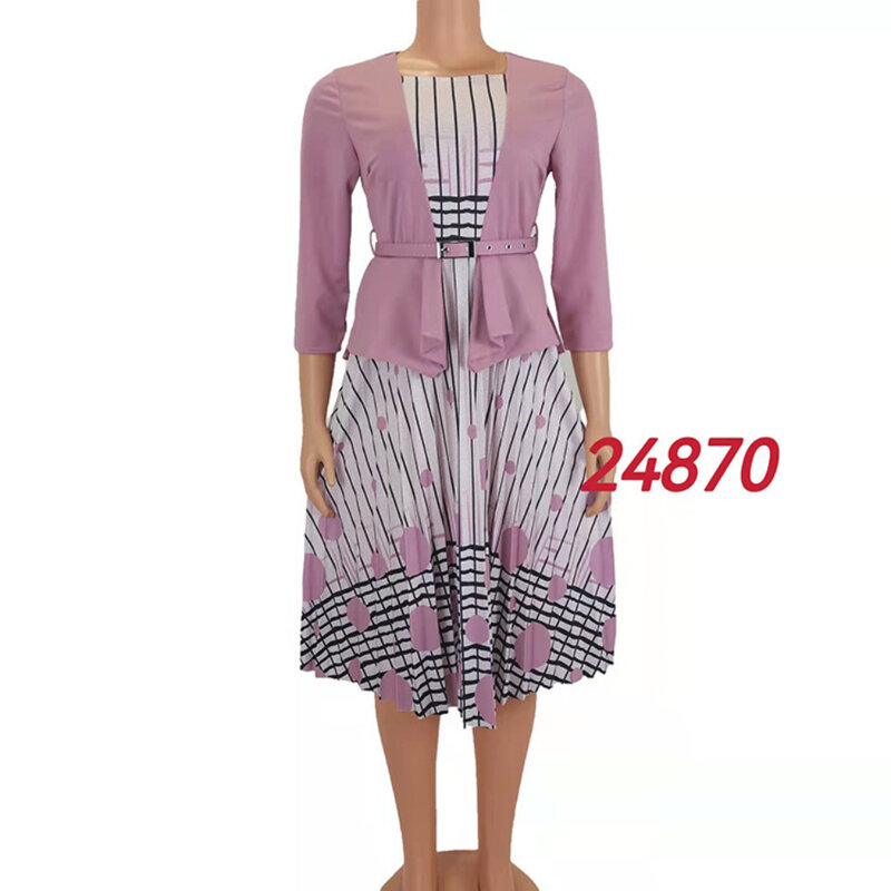 فستان متأرج بتصميم A Line بخصر عالي للنساء مع حزام ، بياقة بيتر بان ، طباعة متداخلة ، مقاس كبير ، ML101Q62 ، 2023 ، مقاس 3XL