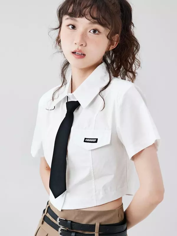 2024 Sexy Cropped Jk Tie Shirt Women Sweet Japan Short Sleeve Blouse Cute Preppy Style Casual Female Fashion Kawaii Summer Tops