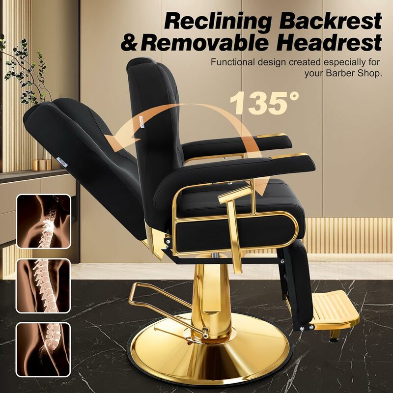 Профессиональное кресло для салона с регулируемой спинкой, Элегантное черно-Золотое парикмахерское кресло со сверхпрочной стальной рамой