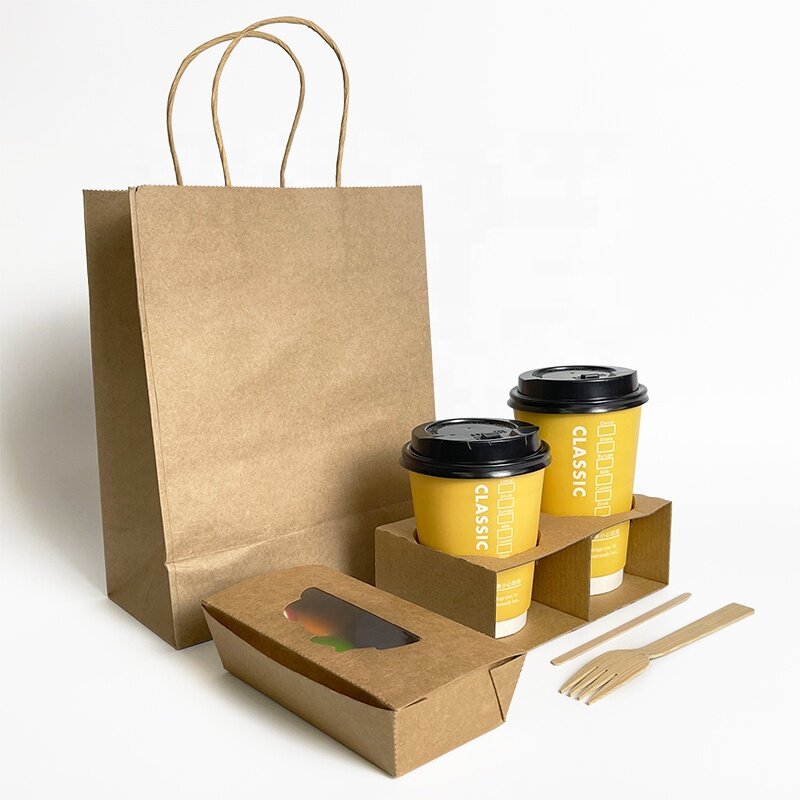 Producto personalizado, bolsas de papel Kraft blancas impresas con su propio logotipo, Asa marrón, comestibles de alimentos