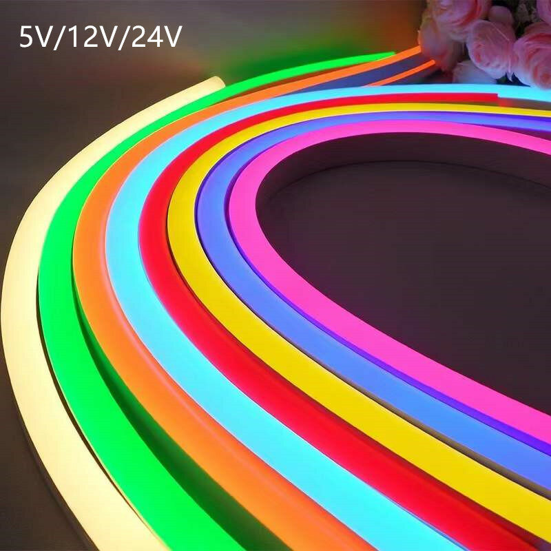5V 12V 24V Led Neon Strip Cahaya 6Mm Sempit Tali Pita Fleksibel Silikon Tabung Bar Tahan Air DIY Tanda Merah Hijau Biru Kuning Merah Muda Putih