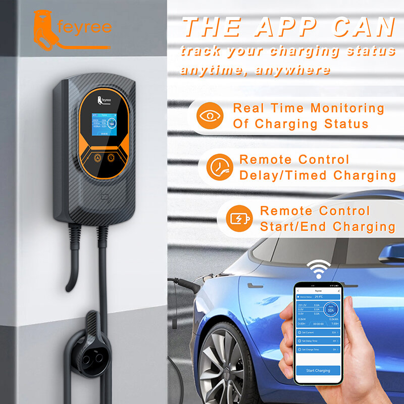 feyree EV Charging Station 32A Electric Vehicle Car Charger EVSE Wallbox Wallmount 7.6/11/22KW Type2 Cable IEC62196 APP Control