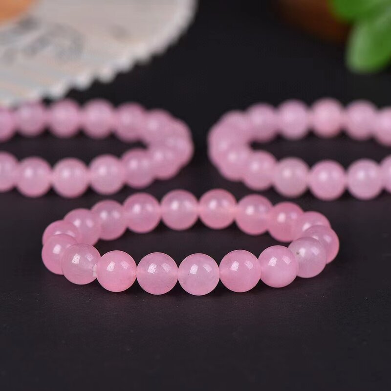 Gelang manik-manik bulat Batu kekasih alami rantai tangan kristal merah muda Quartz mawar perhiasan gelang batu permata elastis untuk wanita