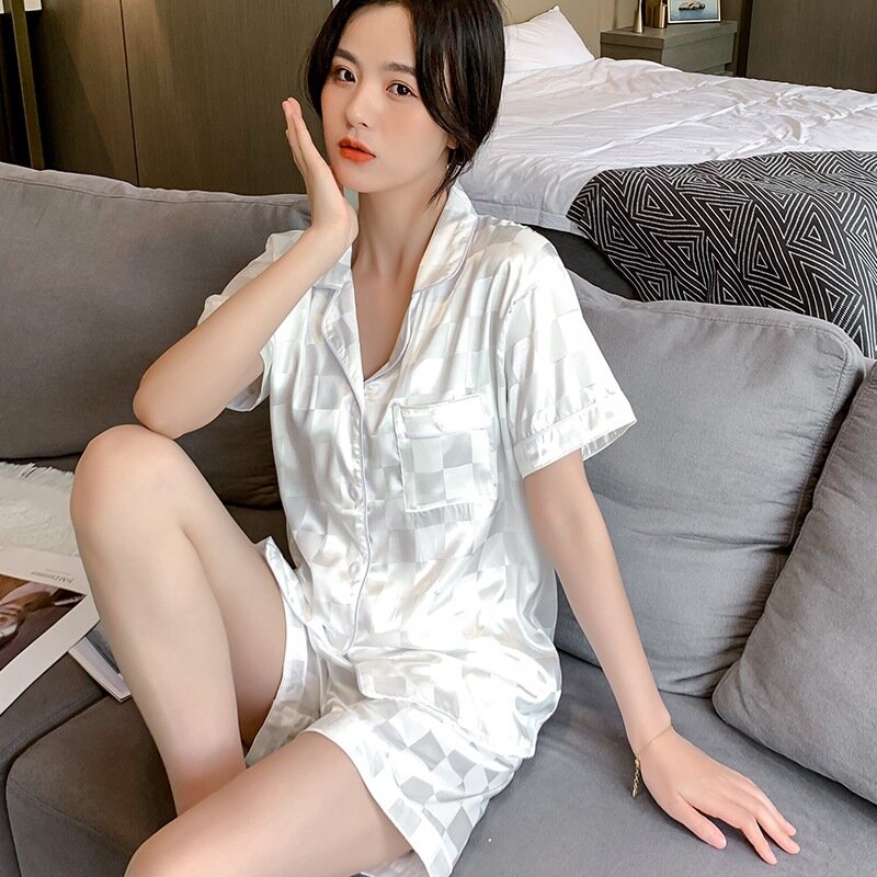 Women Pajamas Sets Faux Silk Satin Plaid Pyjama Pijama Female Home Clothes Sleepwear pjs Lapel Shortsleeve Shirt Pants Homewear