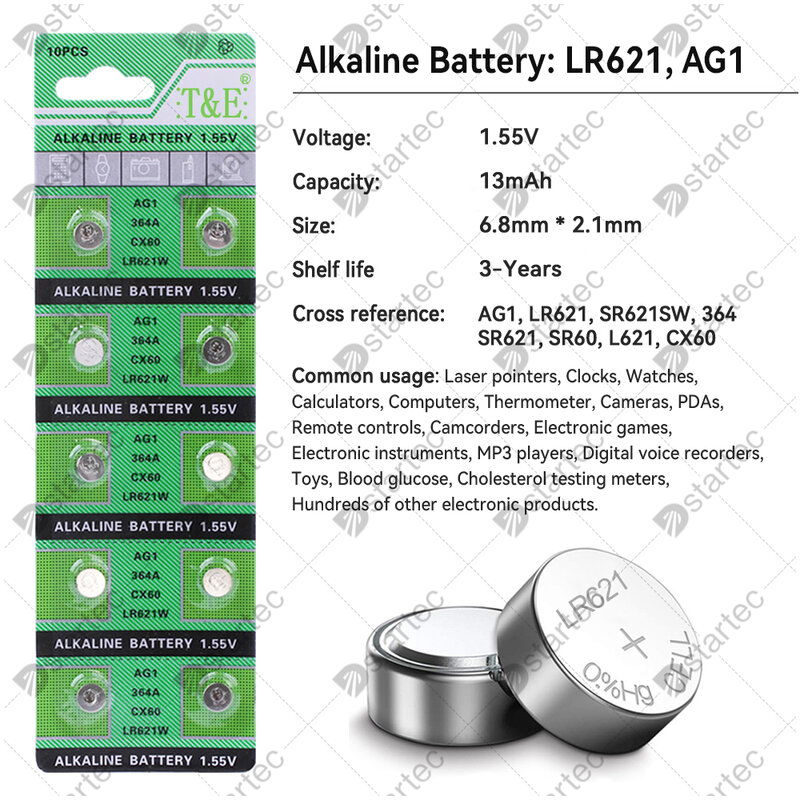 10 peças-300 peças 2024-NEW 1.55V AG1 LR621 364 164 531 SR621 SR621SW SR60 CX60 Bateria de botão para relógios de brinquedo Baterias de moeda de célula remota