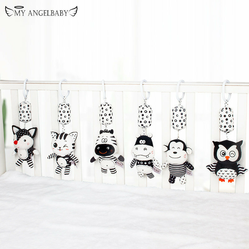 Newborn Stroller Black And White Wind Chime Bells Soft Plush Rattle Toy Crib Hanging Bell Car Seat Travel  Educational Toy Gift