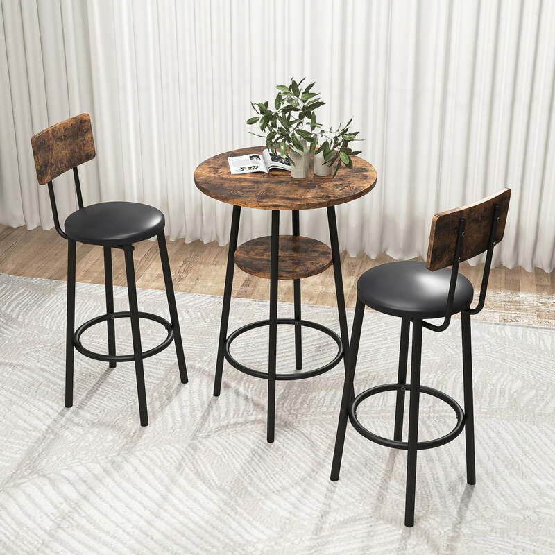 Набор из 3 обеденных круглых столов и стульев, набор промышленных барных столов, кухонный стол и 2 стульчика на конусе для завтрака, Деревенский коричневый