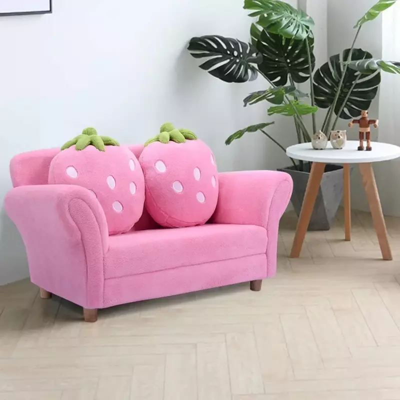 Children's sofa, upholstered toddler armchair with ergonomic backrest and 2 strawberry pillows, two-seater toddler armchair
