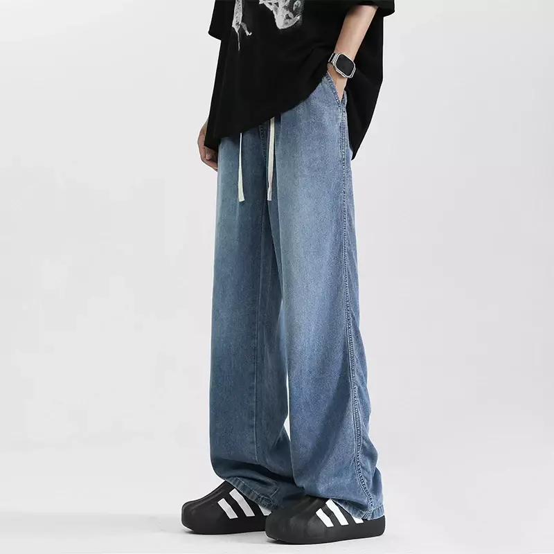 Летние мужские джинсы Lyocell из ткани, легкие мягкие супер свободные широкие брюки, повседневные спортивные брюки с эластичным поясом