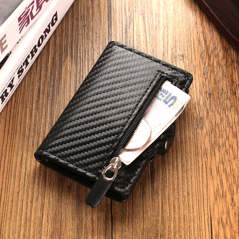 Portatarjetas Rfid de fibra de carbono para hombre, billetera pequeña con cremallera para monedas, Mini billetera mágica delgada, Wolet