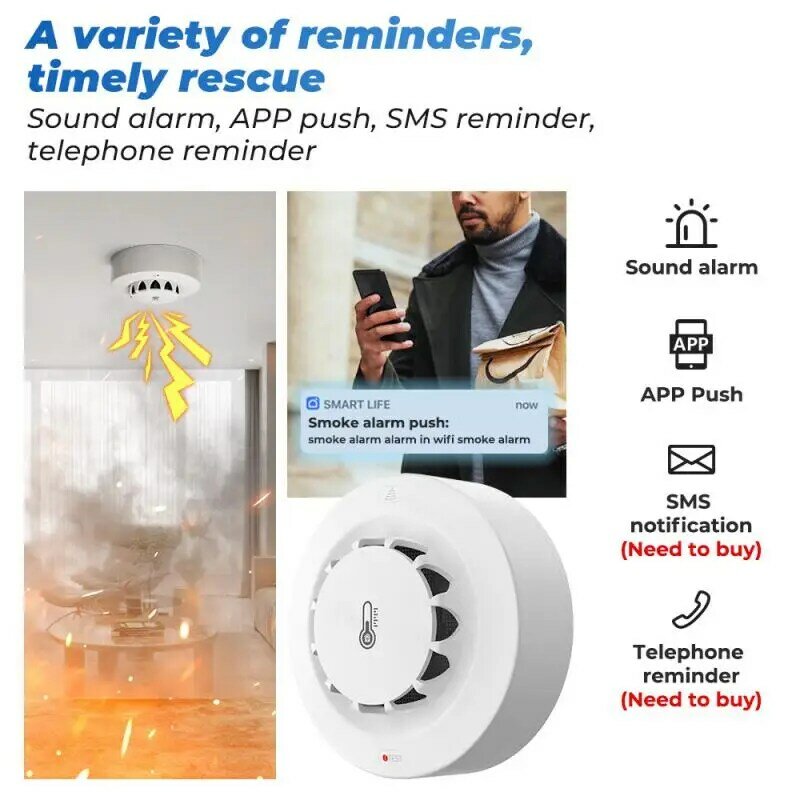 Detector de humo inteligente 2 en 1 con WiFi, alarma de fuego, Sensor de temperatura y humedad, termohigrómetro para Alexa y asistente de Google Home
