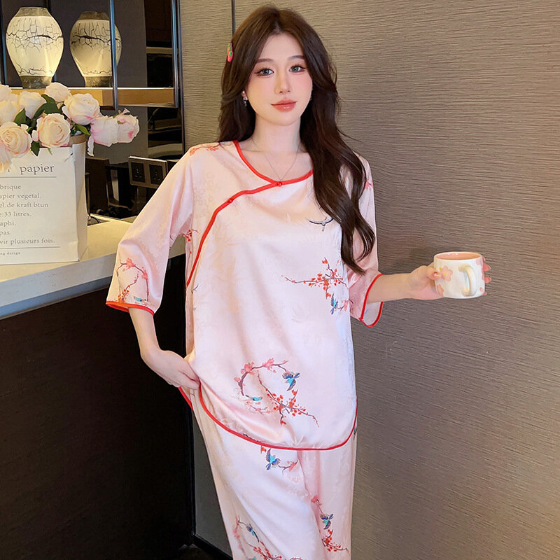 Conjunto de pijama de satén para mujer, ropa de dormir de estilo chino, jersey con estampado Floral elegante, ropa de casa de alta gama para verano