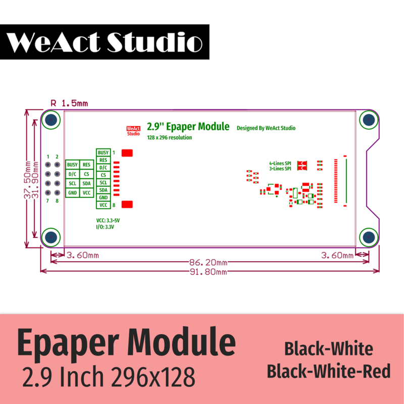 WeAct 전자 종이 모듈, 전자 잉크 E잉크 디스플레이 화면, SPI 블랙-화이트 블랙-화이트-레드, 2.9 인치, 2.13 인치 2.9, 2.13 인치