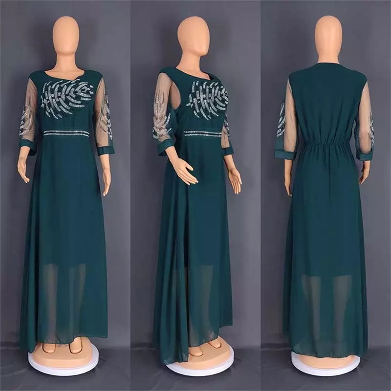 2023 Explosive Style African Long Skirt Plus Size Women's Heavy Industry Hot Diamond Chiffon Mid-sleeve Dress 8628#