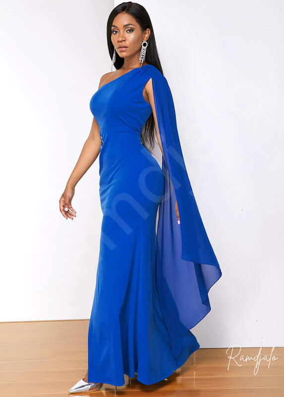 Abiti Semi formali lunghezza intera una spalla drappeggiato blu Royal senza maniche guaina taglia Split abiti da festa di nozze donna elastico