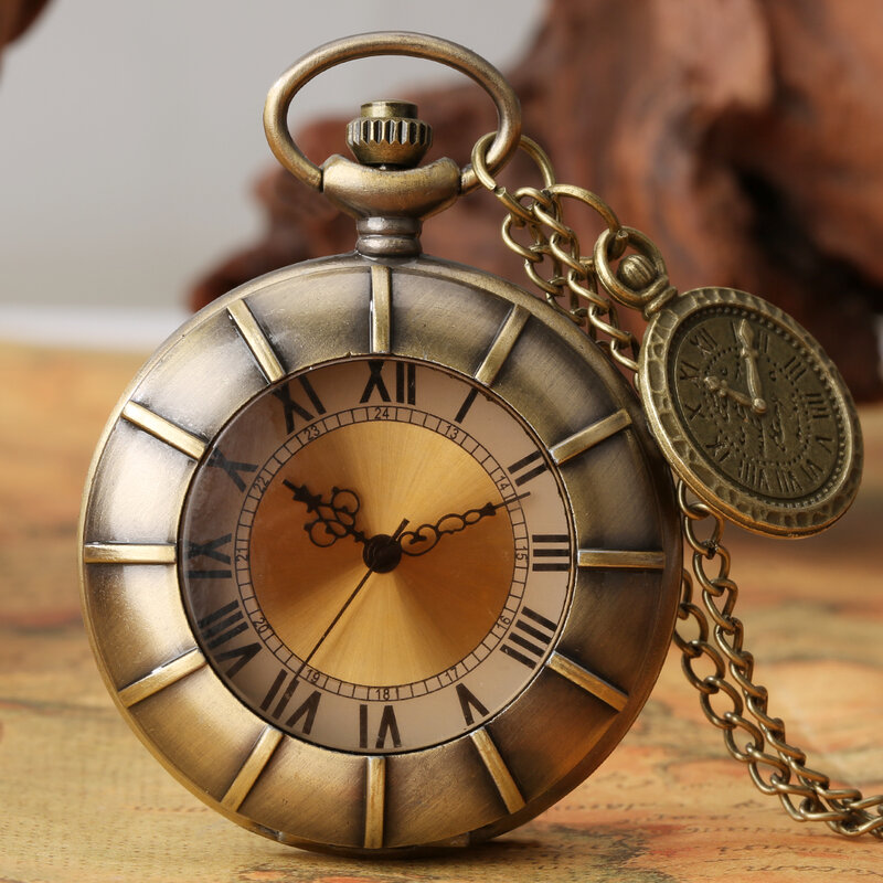 Bronze กระจกโปร่งแสงโรมันตัวเลข Dial Dial Quartz นาฬิกาพ็อกเก็ตนาฬิกาโบราณสร้อยคอลูกปัดจี้ของขวัญอุปกรณ์เสริม