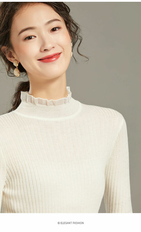 Suéter de moda para mujer, suéter de encaje con cuello de hongo, Camisa entallada, otoño e invierno, 2022