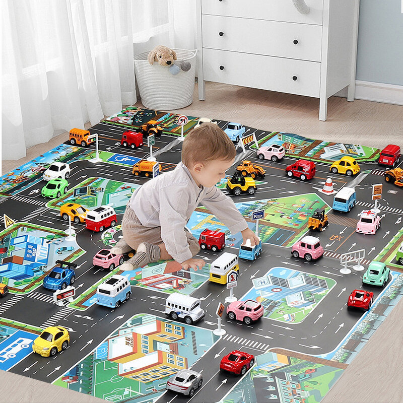 Peta Jalan Lalu Lintas Kota Mainan Anak-anak Mobil Kota Parkir Non-anyaman Tahan Air Tikar Permainan Menyenangkan untuk Anak Laki-laki Mainan Anak-anak Menarik Kembali Mobil Mainan