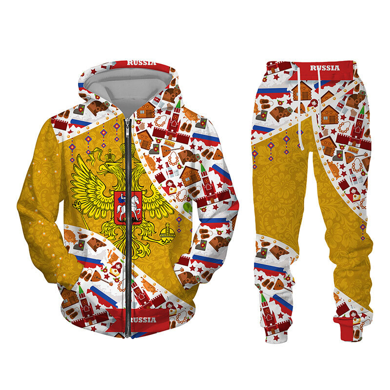 3D Flaga Rosji Bluza z kapturem + spodnie z nadrukiem Cool Mężczyźni / Kobiety 2-częściowy zestaw dresów sportowych Jesień i zima Odzież męska