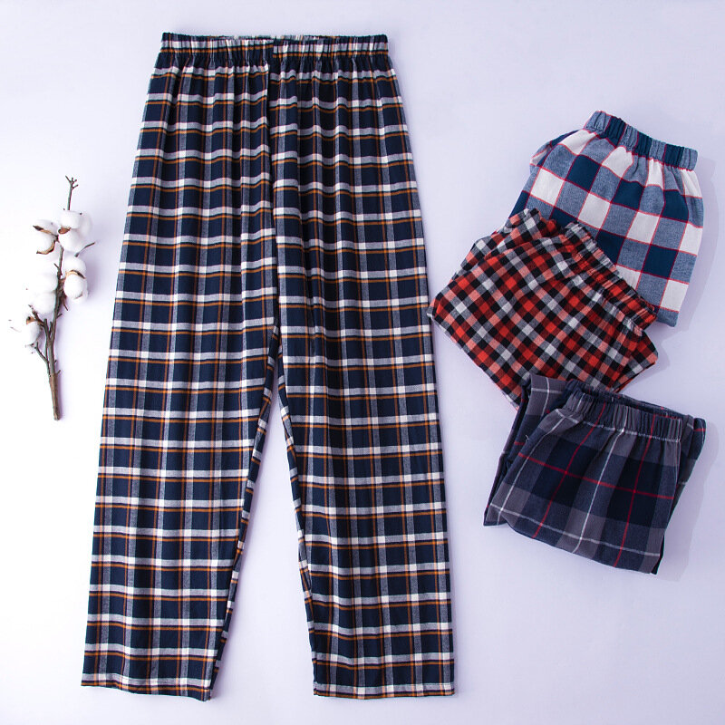 Мужская клетчатая пижама из 100% хлопка, Длинные мужские повседневные свободные брюки, удобная дышащая одежда для сна