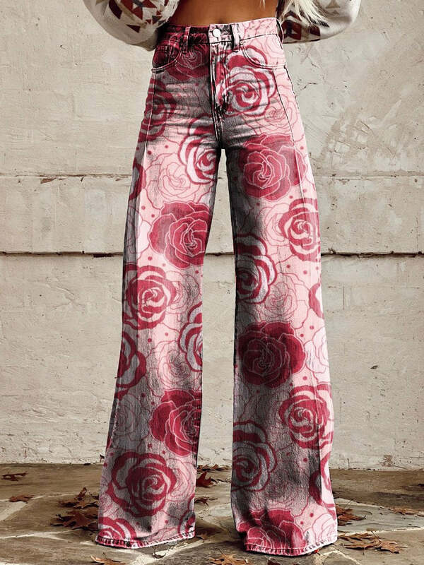 Celana kaki lebar wanita modis, pola 3D mawar merah muda, cocok untuk Belanja harian celana kaki lebar wanita kasual S-3XL
