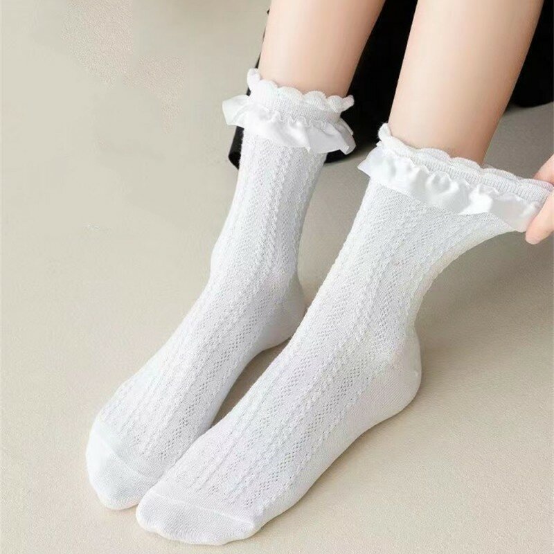 1 Pair Women Socks Ruffle Lolita Bow Socks Cosplay Costumes Accessories Medium Tube Comfortable Socks Cute Sweet Girl Gift 2024