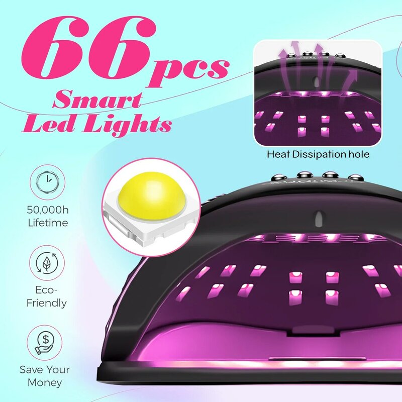 Lampu LED UV kuat untuk manikur kuku, alat pengering cat kuku profesional LED 66 dengan 4 Timer Sensor otomatis
