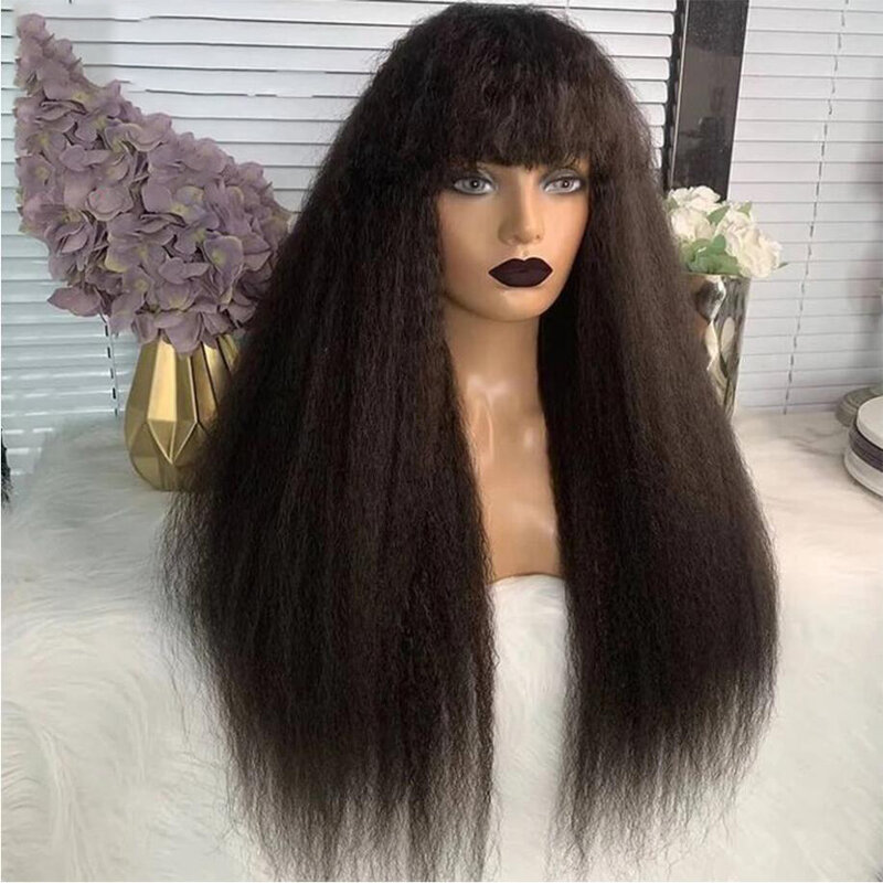 Yaki-peluca larga y rizada con flequillo para mujer, pelo de bebé largo y liso de 26 pulgadas, 180de densidad, color negro Natural, sin pegamento, predesplumada