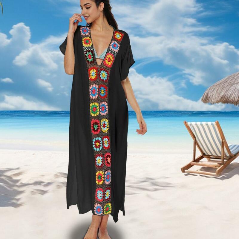 Cover-up baju renang wanita lengan pendek, gaun penutup leher V bergaya untuk liburan pantai Kolam renang