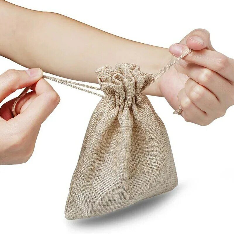 5/10 buah tas hadiah goni dengan tali rami tas Linen kantung penyimpanan karung tas goni untuk pernikahan nikmat pesta perhiasan kantong