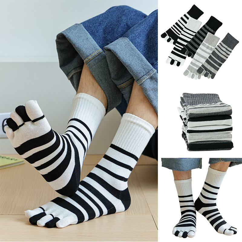 Algodão listra Zebra Toe meias esporte, anti-odor suor Wicking cinco-Toe Split Toe meias, preto clássico e branco, 1 par
