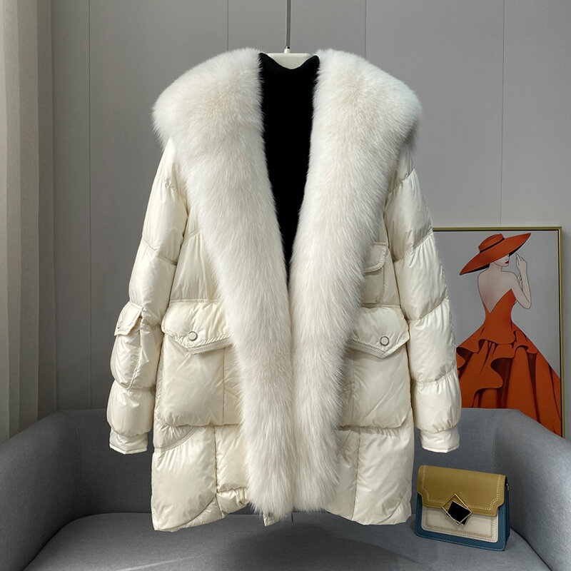 New Winter Women 90% Goose Down Jacket Natural Real Fox Fur Collar Thick Warm Luxury Fur Parka Coat
