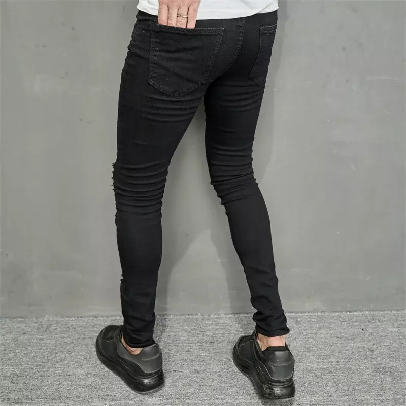 Jeans preto e magro com furos para homens, calça jeans lápis, streetwear casual para jogging, calça da moda, primavera