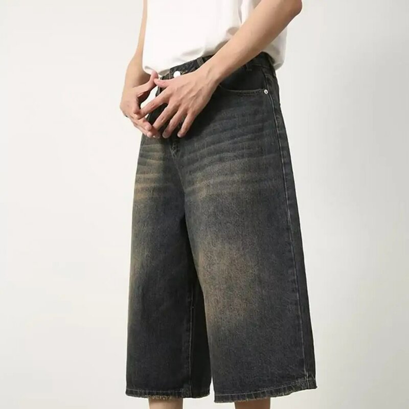 Calça Jeans masculina de verão cortada, cor gradiente, perna larga, botão, fecho de zíper, meados de origem, streetwear