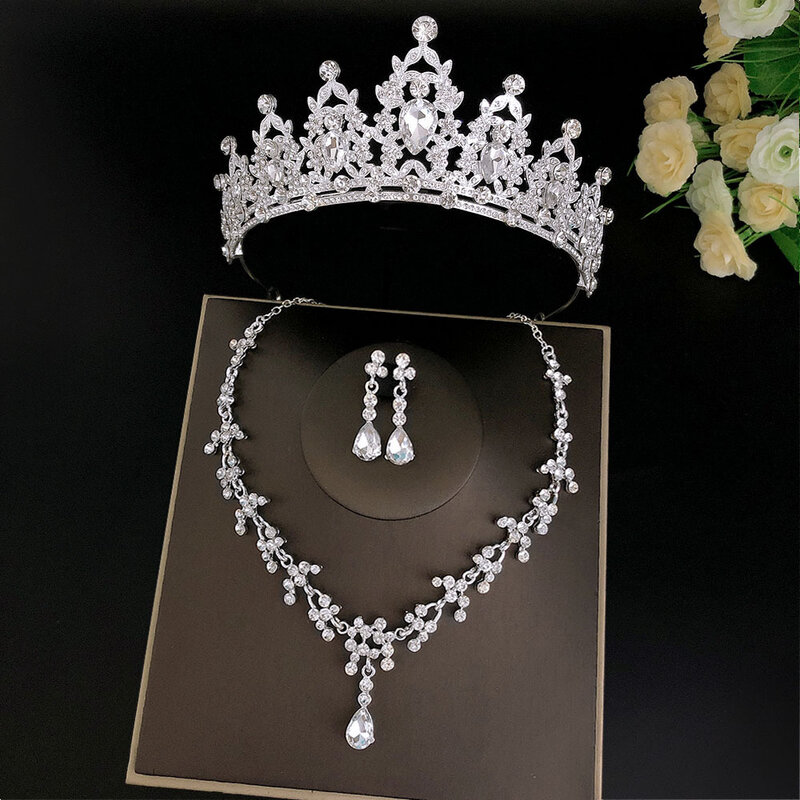 3pcs/set Crystal Bridal Tiara And Crown Earrings Necklace Jewelry Set For Women Princess Girls,Jeweled Wedding Tiara For Bride