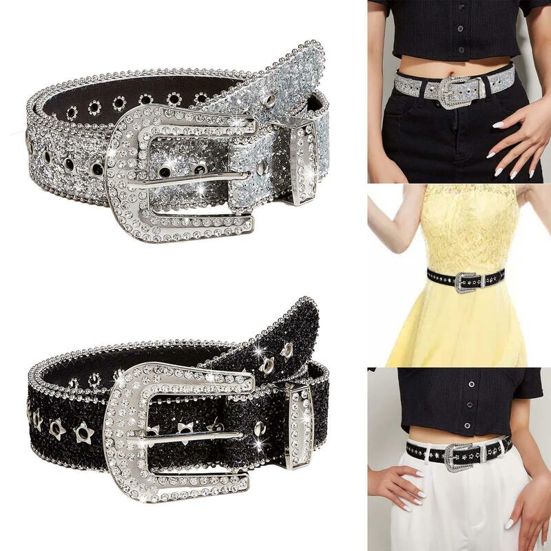 Rhinestone Belt Waist Belt Prong Buckle Bling Cowgirl for Women PU Leather Belt Eyelet Belt for Jeans Formal Dress Shorts