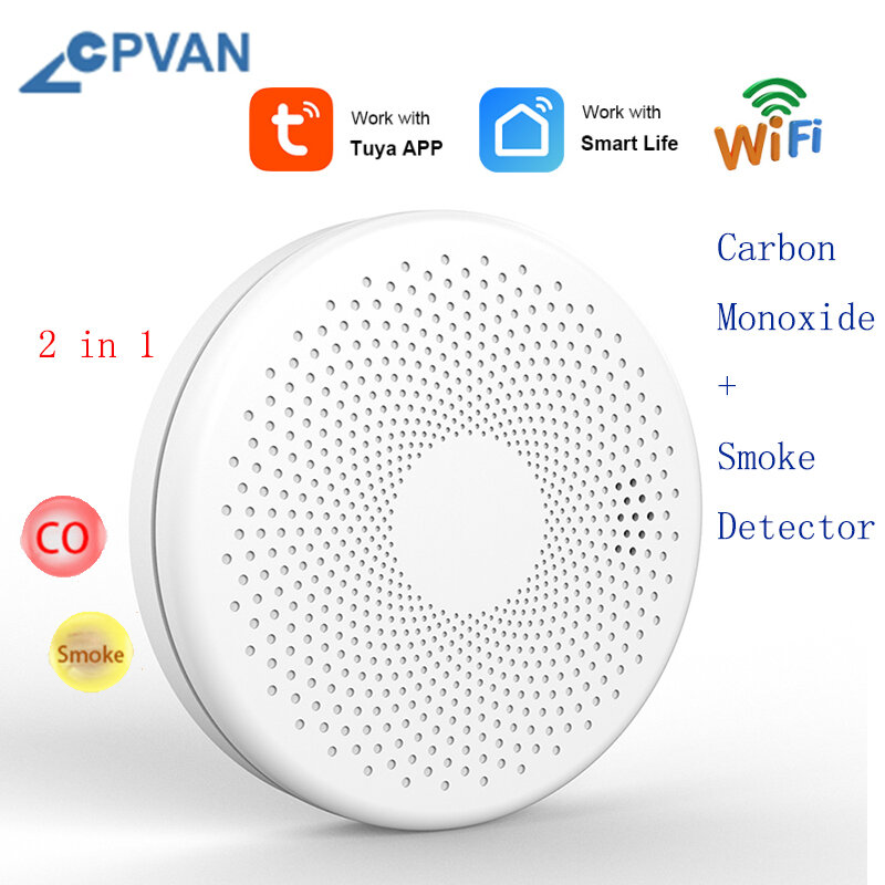 CPVAN-Detector de monóxido de carbono y humo, 2 en 1, WiFi, Tuya y Smart Life Co, combinación de Sensor de fuego, alarma de monóxido de carbono
