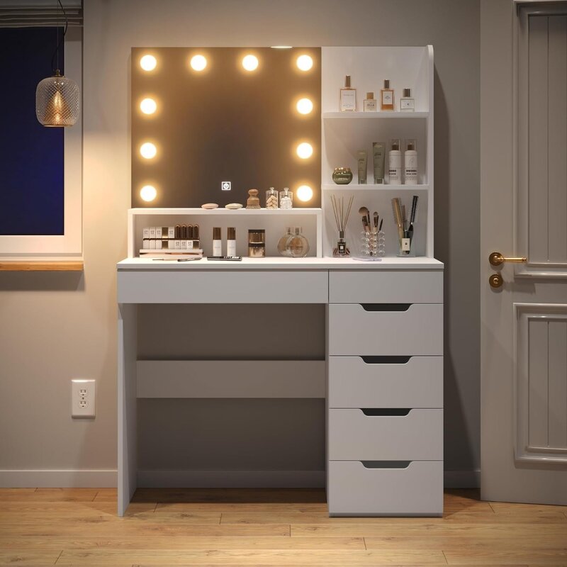 Vanity Desk com Espelho LED Iluminado, Maquiagem Vanity Table Set, Brilho Ajustável, 6 Gavetas, 3 Cores Modos de Iluminação