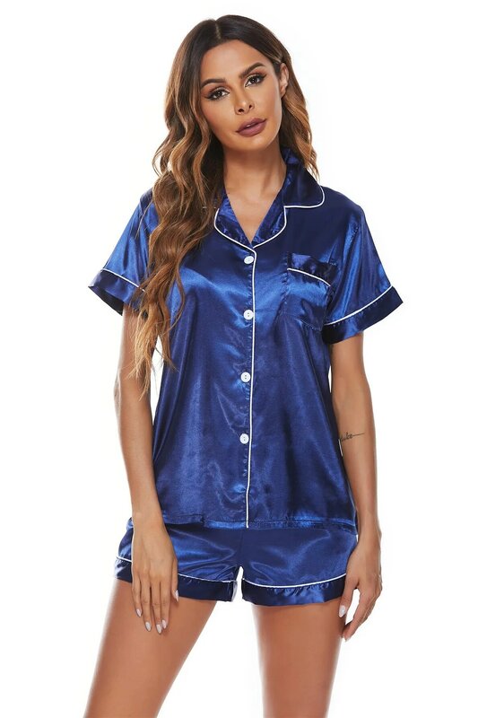 Womens Pajamas Sets Satin Silk Pyjamas Famale Pijamas Pocket 2 Piece PJ Set Loungewear Short Sleeve Shorts Sleepwear Nightwear