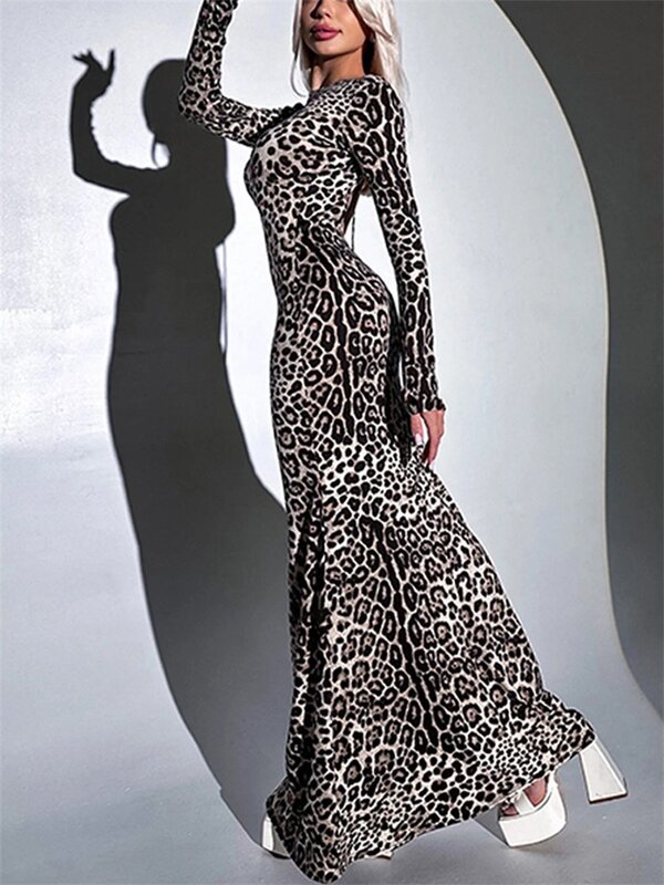 Sexy rücken freie Abendkleid mit Leoparden muster, schmale Passform, hoch tailliertes Party kleid, mit Milch seide bedrucktes Gesäß, umwickelte Abschluss ball roben