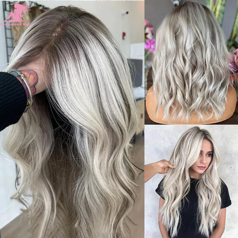 Ash Blonde Human Hair Wig Dark Roots Transparent Lace Frontal Human Hair Wigs 13x4 Lace Front Wigs with Baby Hair Pre plucked