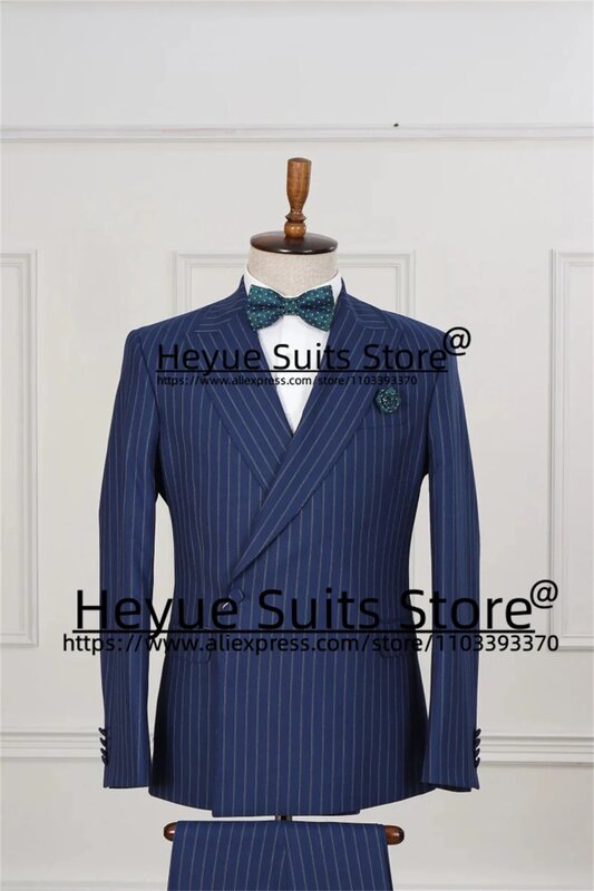 男性用ネイビーブルーのストライプスーツ,スリムフィット,ダブルブレスト,ウェディングニット,2ピースセット,ビジネススーツ